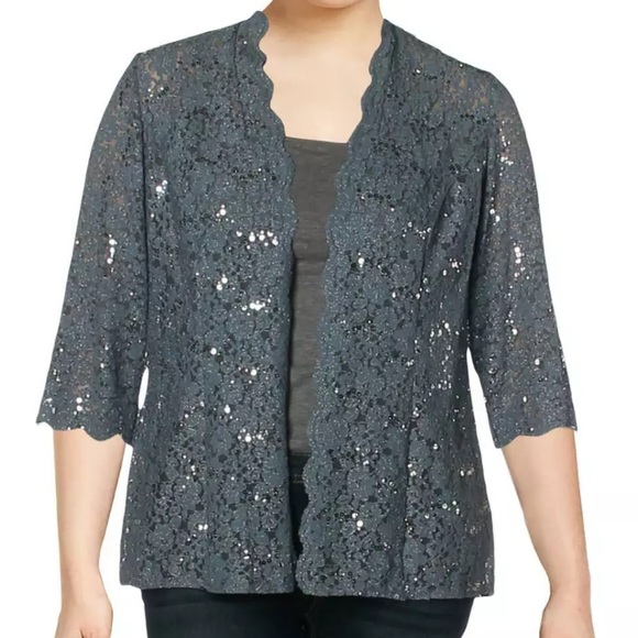 Alex Evenings Blue/Gray Sequin Lace Jacket 16W - Picture 1 of 5